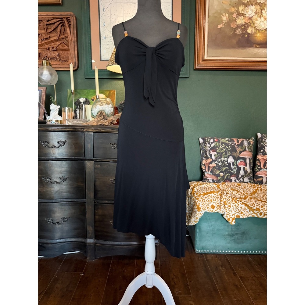 Express Black Beaded Strap Tie Front Asymmetrical Handkerchief Hem Midi Dress 6
